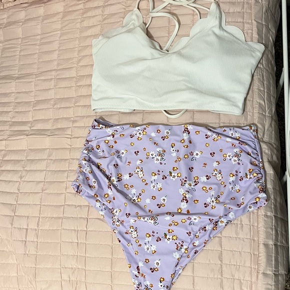 White Scalloped Bikini Top with Floral Lilac High Waisted Bottoms - Picture 3 of 5
